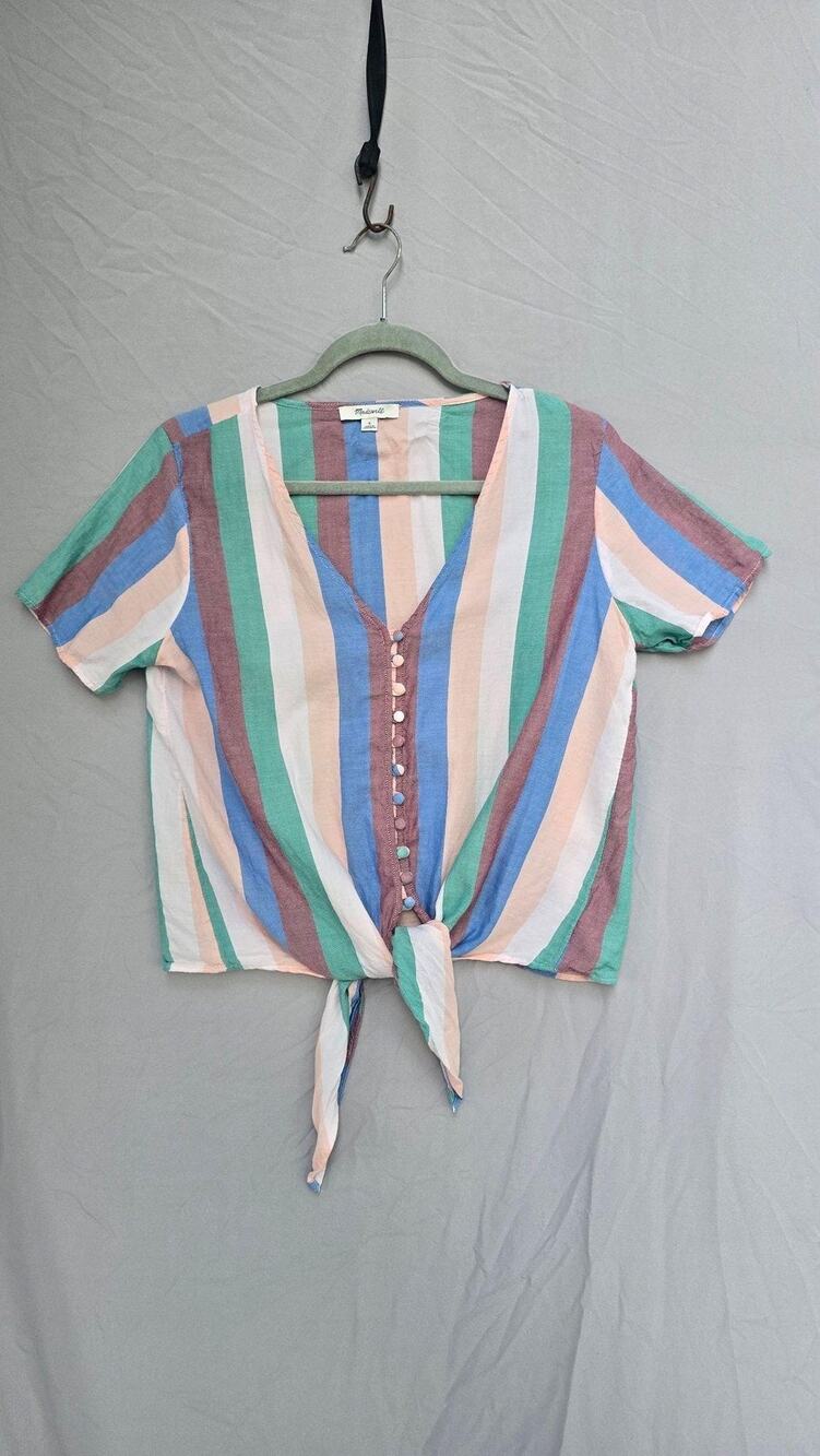 Madewell Blouse Womens Small Multicolor Stripe Button Tie Front Cropped Top